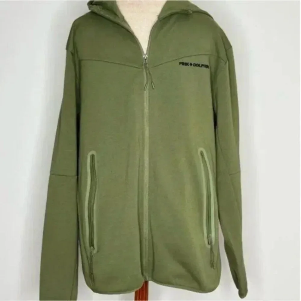 Pink + Dolphin Men's Wave Activewear Full Zip Hoodie in Olive Green Size XL